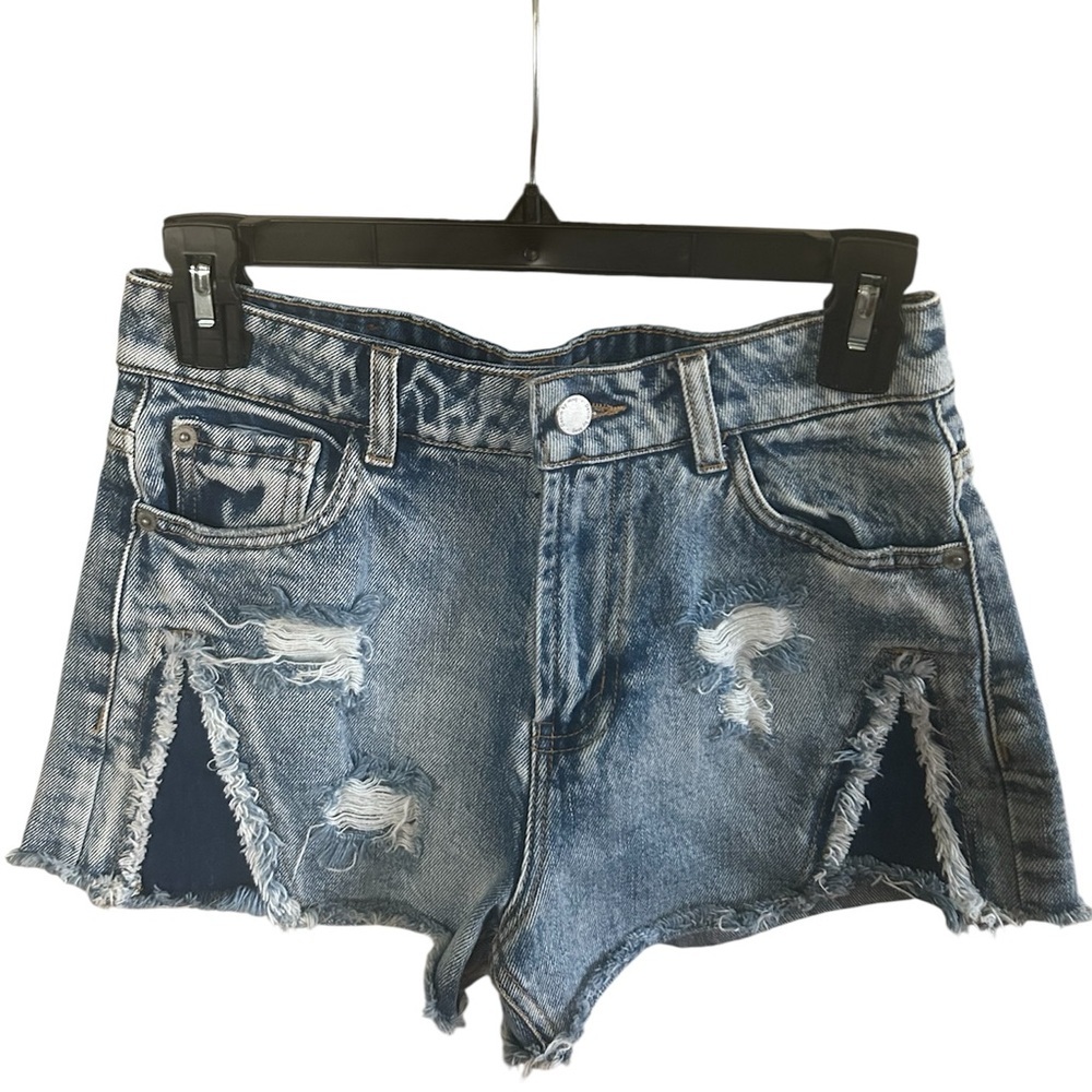 Mango Medium Wash Distressed Cutoff Denim Shorts High Rise Festival Women’s 2